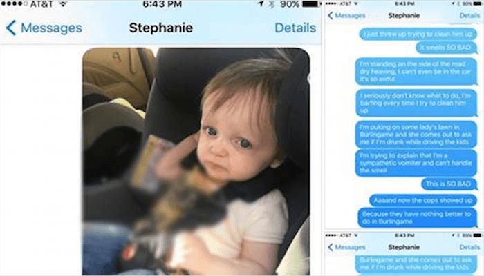 Histerična sporočila ženi, potem ko je njun malček bruhal v avtu