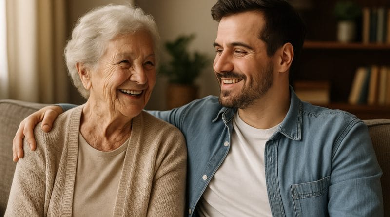 Starejša ženska in vnuk, simbol povezave preteklosti in prihodnosti – mir, toplina, spoštovanje.